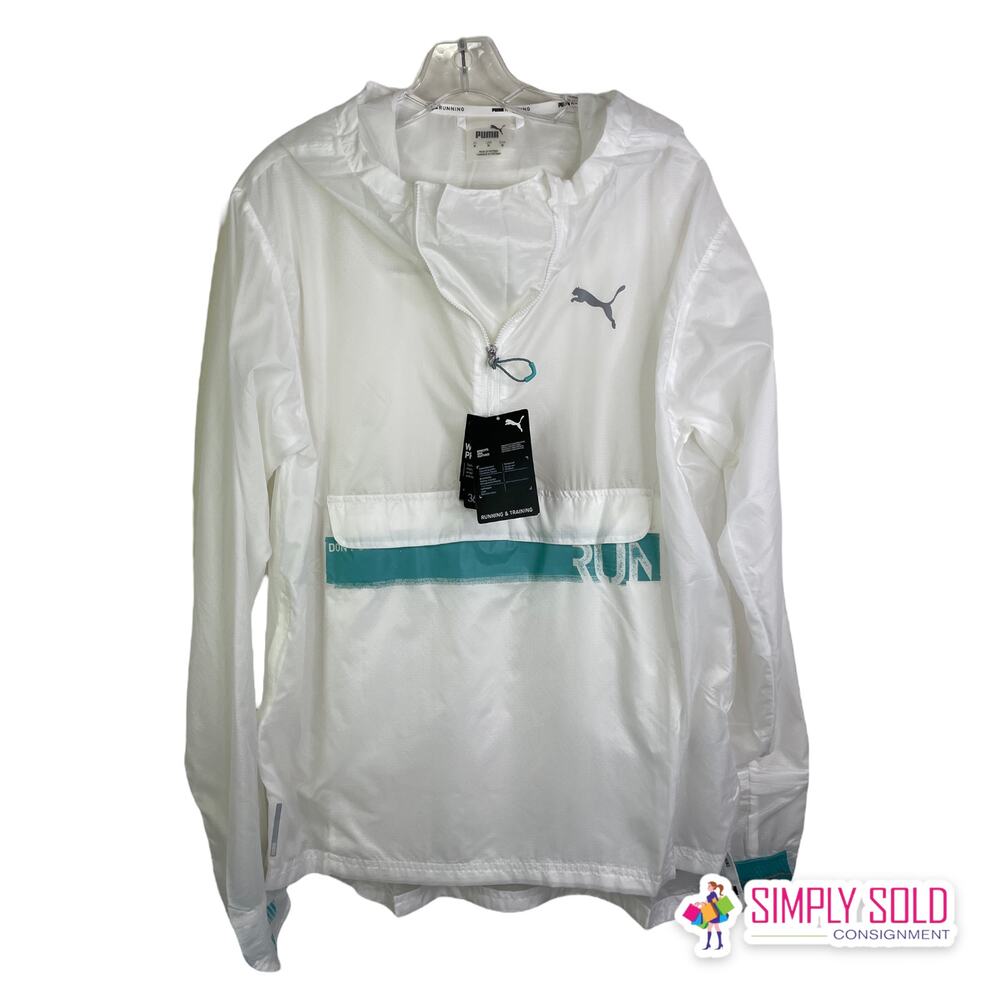 Puma WindCell Womens White Teal Half Zip‎ Hooded Running Jacket Size M NEW